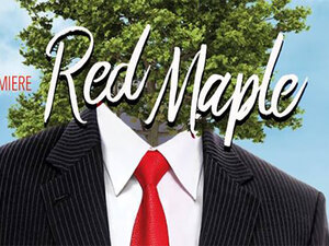 man's suit with red tie and with a tree where the head should be