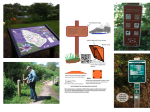 A series of photos illustrating trail and field signage examples with QR codes, in natural contexts, including one diagram