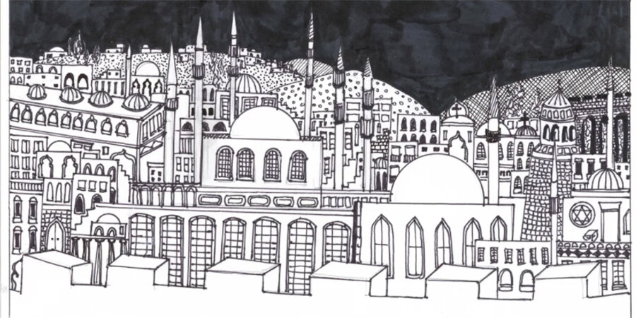 city illustration in black and white; A Concert of Music from Turkey by David's Harp