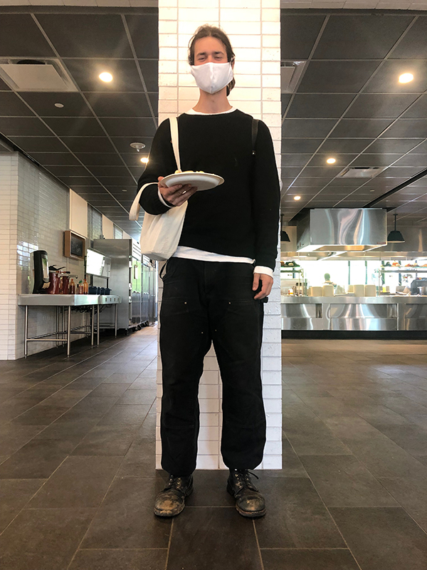 Image of man holding plate wearing mask