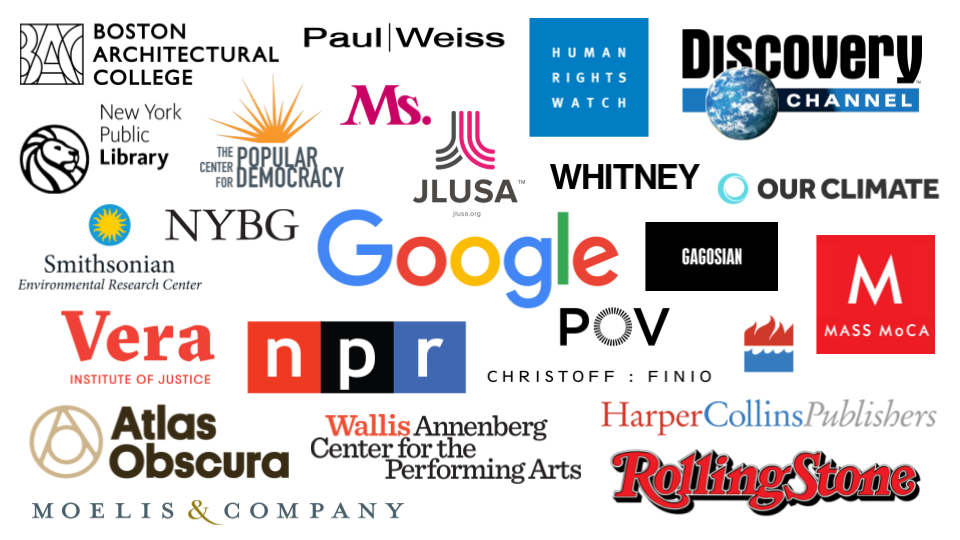 employer logos: google, vera institute of justice, NPR, atlas obscura, moelis and company, rolling stone, FX networks, ICP, Harvard School, Ms. Magazine, NY Public Library, Boston Architectural College