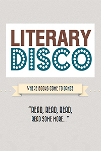 White cover with brown and blue letters reading Literary Disco, where books come to bounce