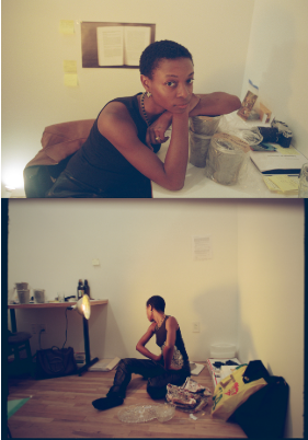 photo of a woman with short hair at a desk and on the bottom another in a room sitting on the floor