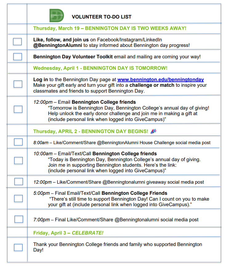 FY26 Bennington Day To-Do