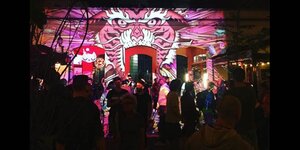 a crowd of people standing in front of a projection of a pink tiger on a wall