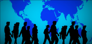 blue earth map with silhouettes of people walking