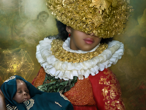 portrait painting style photo of a woman wearing an elizabethan ruff and holding a baby