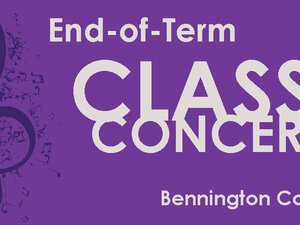 the words End of term class concerts on a purple background next to a musical note
