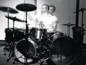 black and white photo of Milford Graves at a drum kit