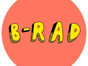 yellow texting saying "B-RAD" inside an orange circle