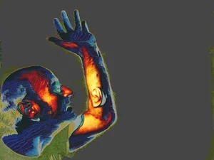 colourful man with ear on arm