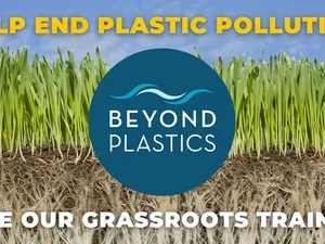 Beyond Plastics organization logo and Help End Plastic Pollution message against photo of grass growing