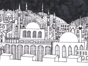 city illustration in black and white; A Concert of Music from Turkey by David's Harp