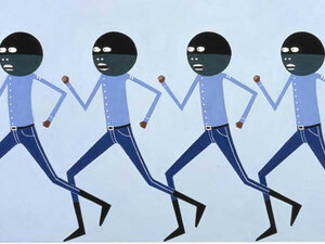 a drawing of four identical Black men running in a line wearing blue shirts and pants