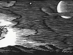 Etching of a tree and the moon
