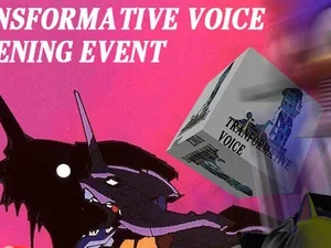 pink unspecific drawn creature and cube that says transformative voice