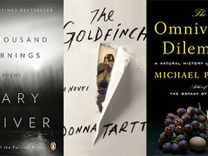collage of three bennington books - the goldfinch, the omnivore's dilemma, and mary oliver