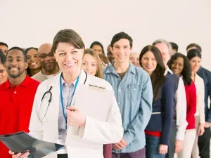 Doctor surrounded by patients