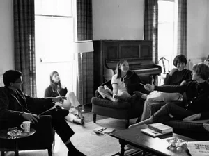 1967 Students in a class in a house living room at Bennington College