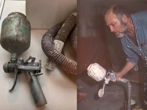 Left: spray gun used by Olitski. Right: Olitski in his studio in New York, 1972.