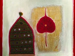 Caravanserai Red and Gold, mixed media collage on wood, 15 x 15 inches, 2017.jpg