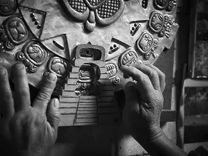 Image of Tata’ Xuan, shaman with the sacred Maya calendar of fiestas and rituals used in Maya ceremonies