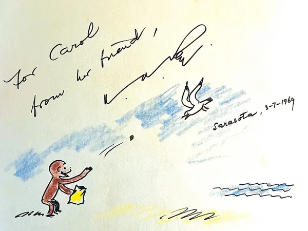 Curious George tosses crumbs to a seagull