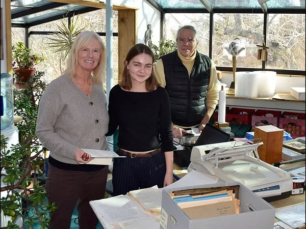 Image of Helen Simpson, center, with Jacqueline Tyrrell, the D’Amico Institute’s technical curator, and Christopher Kohan, its director.