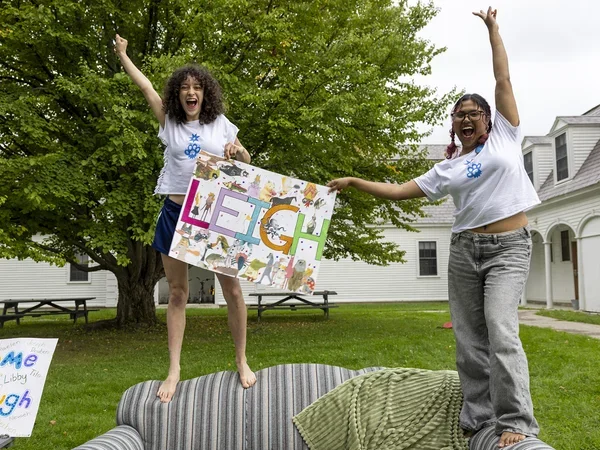 Willa Donovan ’26 and Proteety Amiron ’29, House Chairs of Leigh, welcome new students.