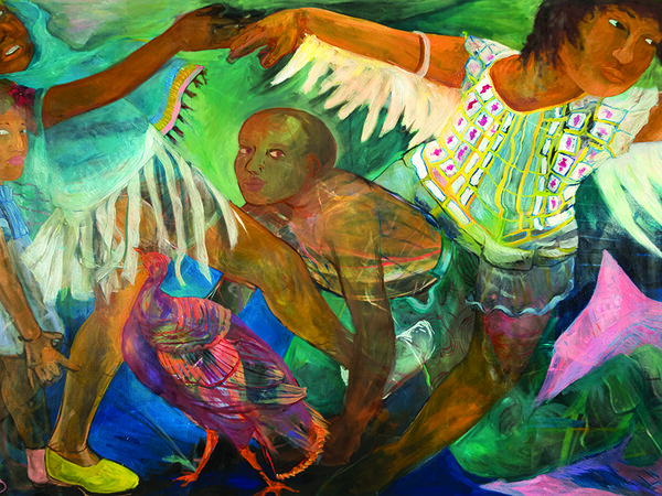 four of human figures dancing and interwoven together painted in bright colors in a dream landscape