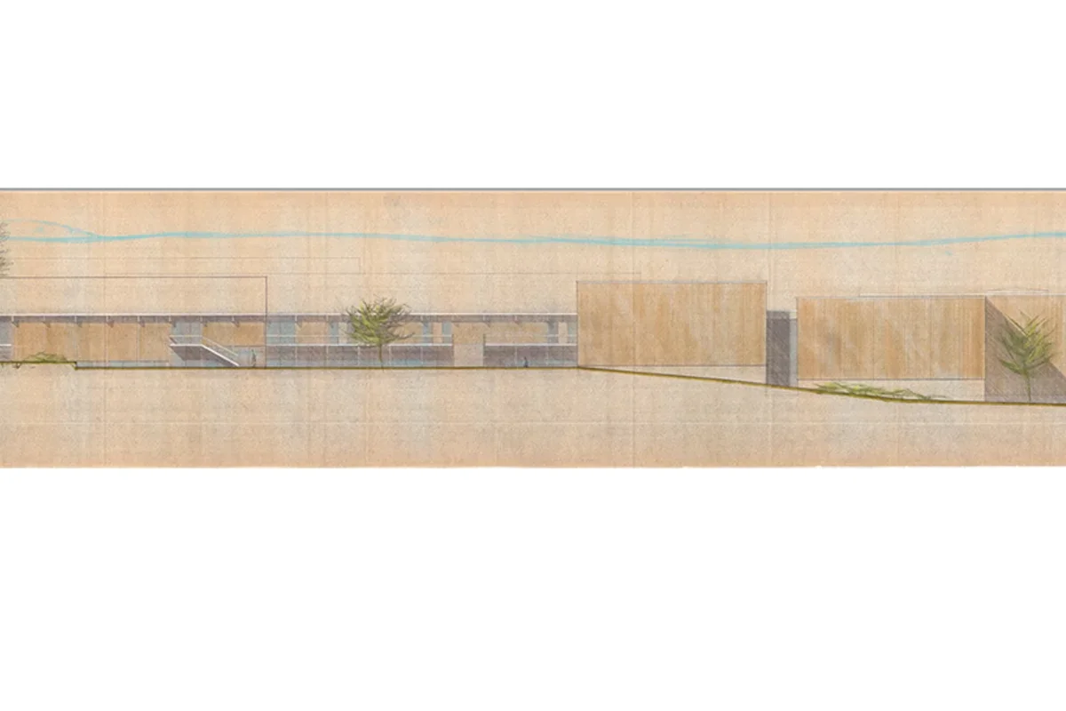 Robertson Ward, Jr., VAPA Complex Schematic East West Elevation (detail), colored pencil on paper, 1968.