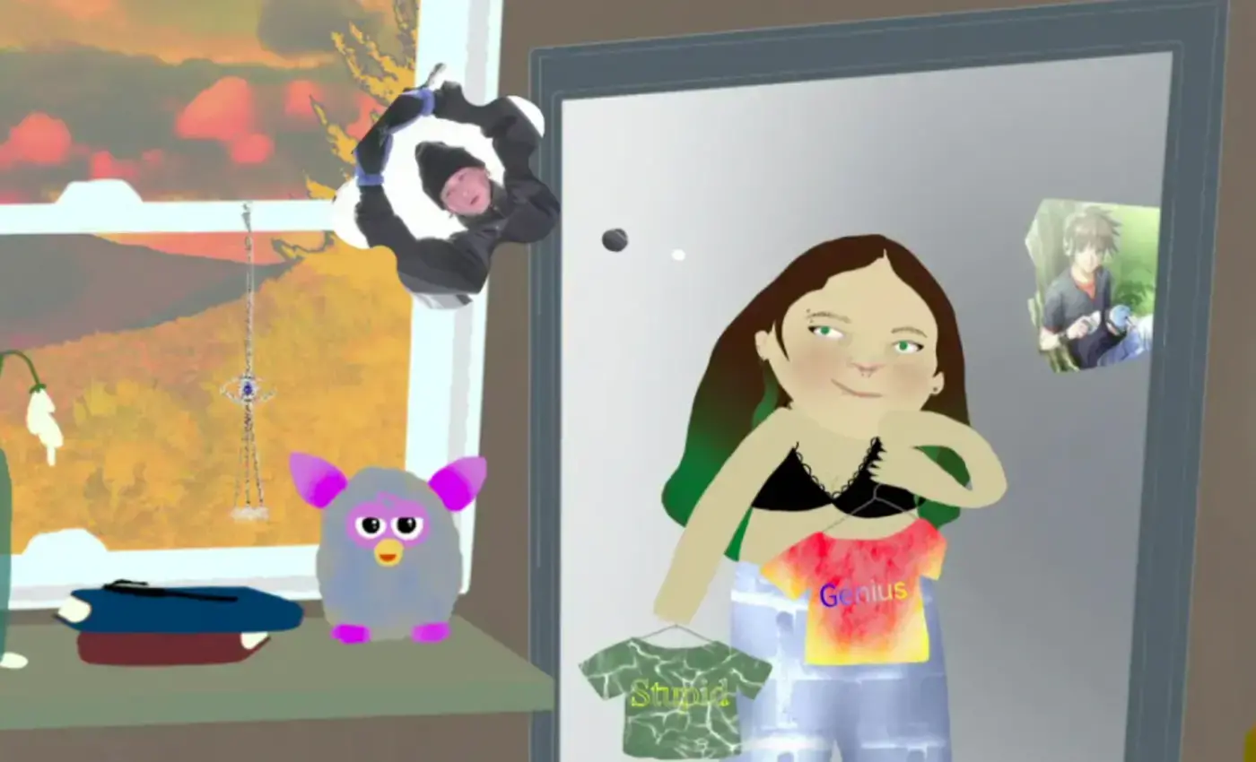 animated woman in front of mirror choosing what to wear