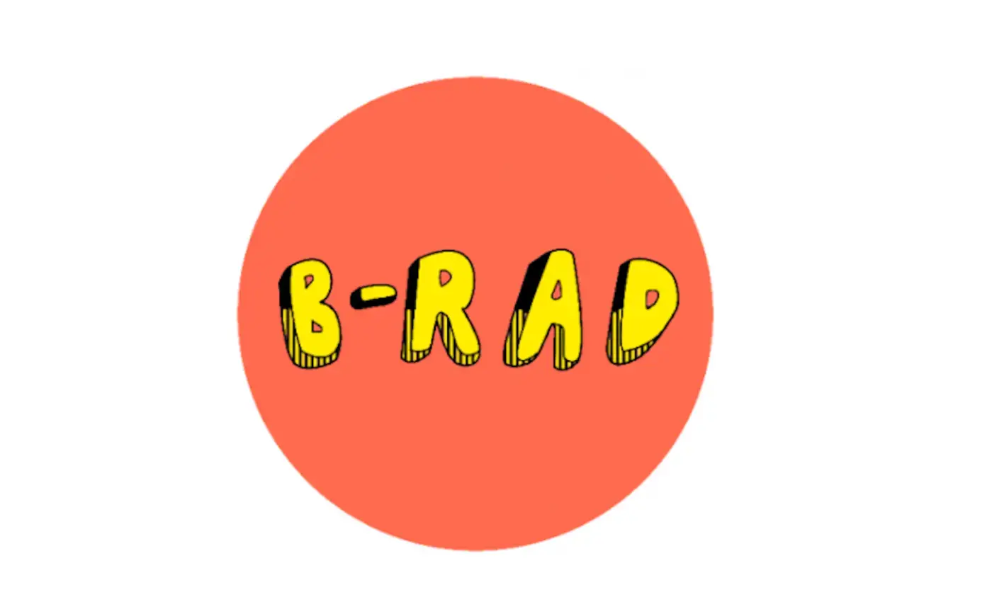 peach circle with yellow letters spelling B - RAD