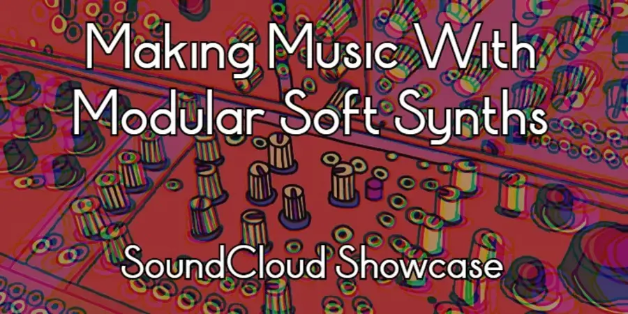 red, drawn circuit board looking thing with knobs and soft joyful white text that says Making music with modular soft synths