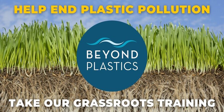 Beyond Plastics organization logo and Help End Plastic Pollution message against photo of grass growing