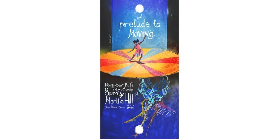 poster with young dancer on an orange stage against a blue night sky background