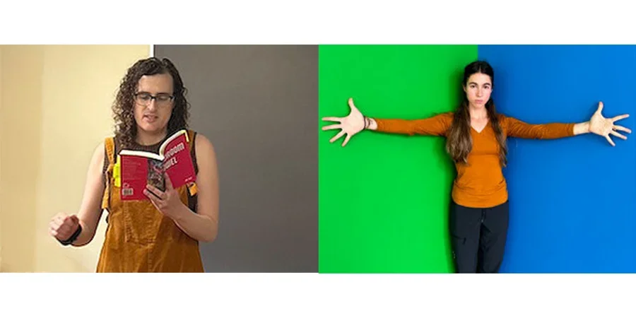 Two Bennington faculty members side by side: one reading a book, one posing with arms outstretched on a green-blue wall.