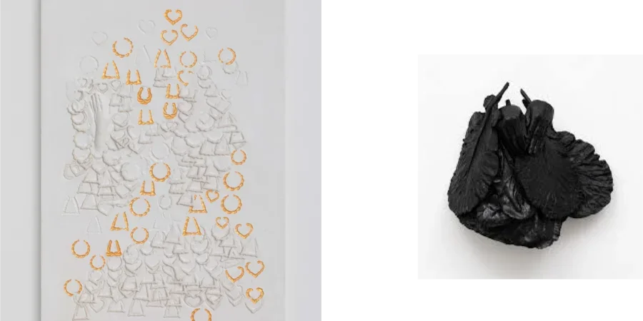 left, Composition with 35 Golden Doorknocker Impressions 2021; right, Hands Grasping Collard Greens After Coreen Simpson, 2024