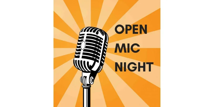 Open mic night poster microphone with orange and yellow background