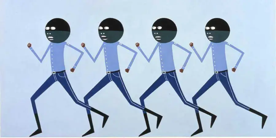 a drawing of four identical Black men running in a line wearing blue shirts and pants
