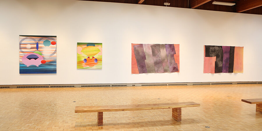 Inside view of gallery with art by mueller and wapner 