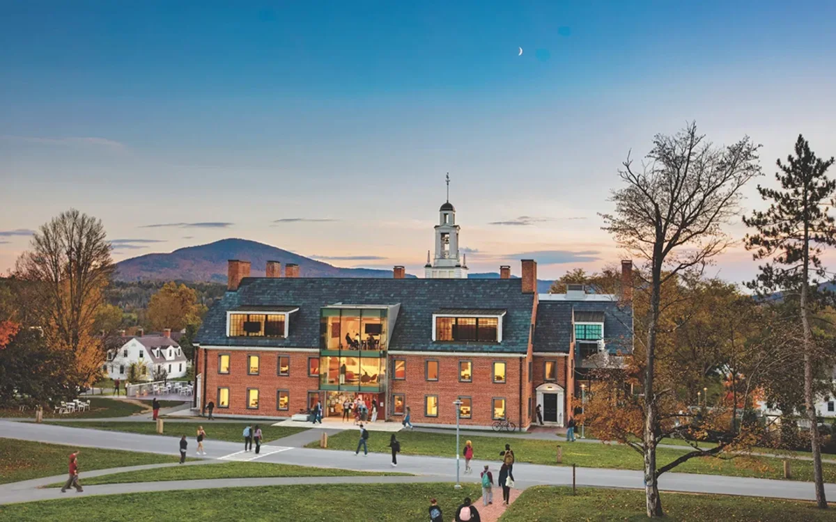 Aerial shot of students milling around Bennington College's Commons building