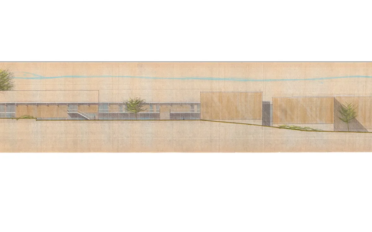 Robertson Ward, Jr., VAPA Complex Schematic East West Elevation (detail), colored pencil on paper, 1968.