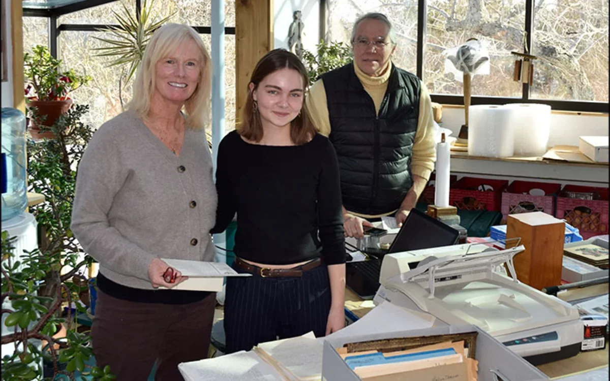 Image of Helen Simpson, center, with Jacqueline Tyrrell, the D’Amico Institute’s technical curator, and Christopher Kohan, its director.