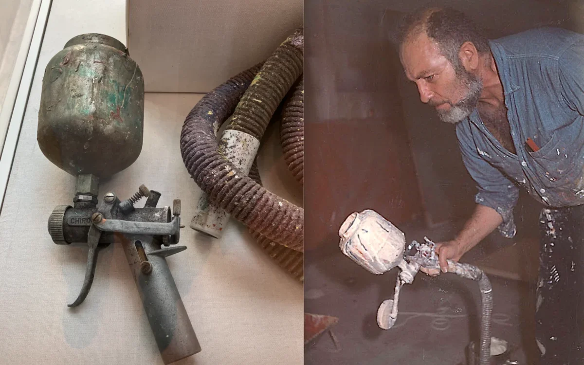 Left: spray gun used by Olitski. Right: Olitski in his studio in New York, 1972.