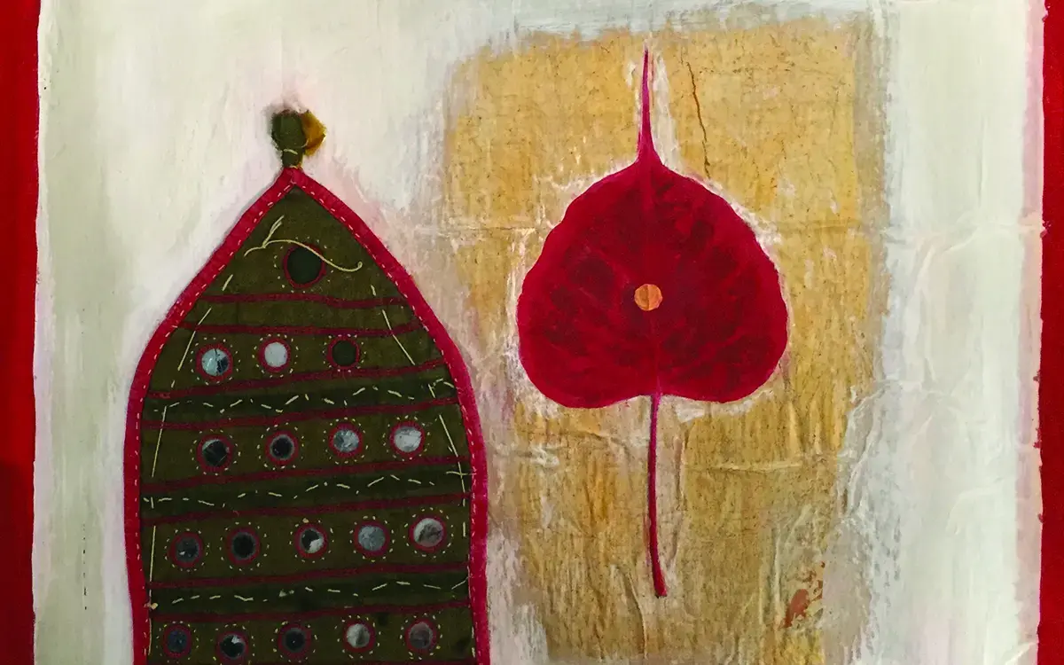 Caravanserai Red and Gold, mixed media collage on wood, 15 x 15 inches, 2017.jpg