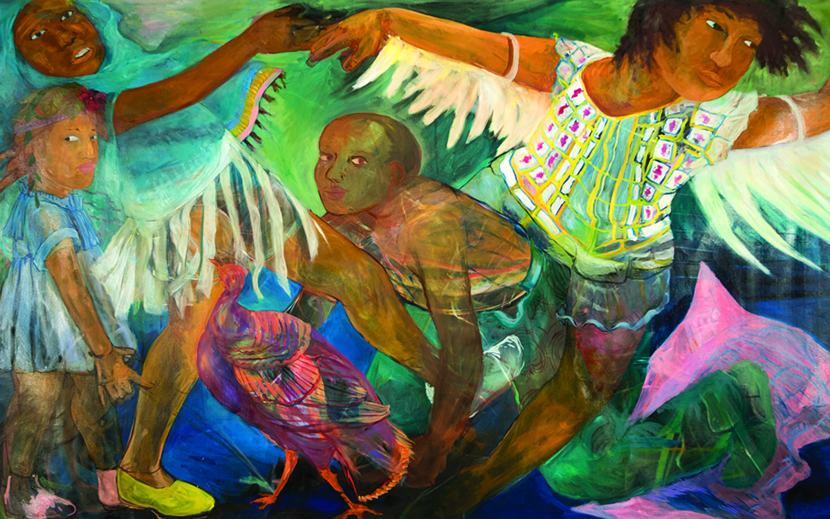 four of human figures dancing and interwoven together painted in bright colors in a dream landscape