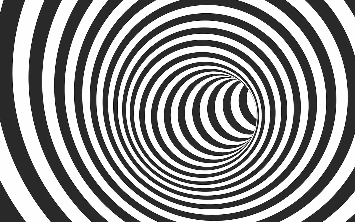 black and white striped curving tunnel graphic