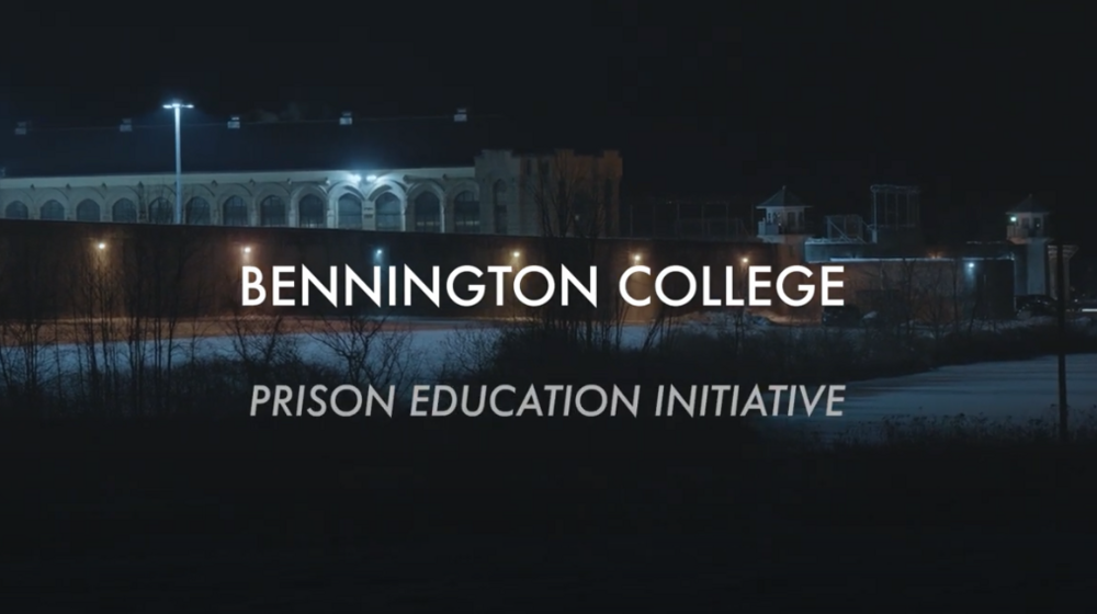 night shot of a prison with 'Bennington College Prison Education Initiative' text overlay