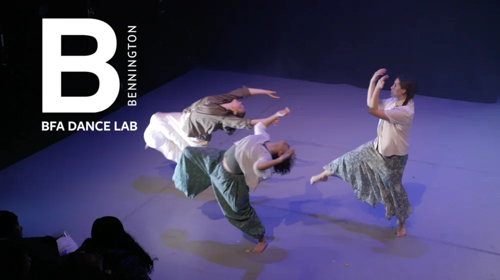 BFA dance lab title screen with three dancers in motion on stage